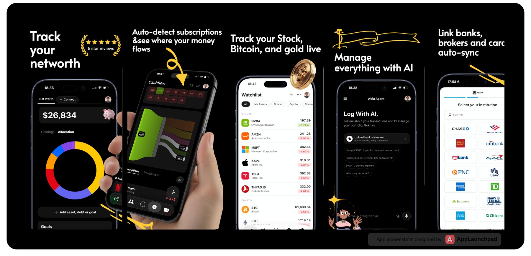 Waia app screens: net worth tracking, cash flow, watchlist, AI agent and bank linking